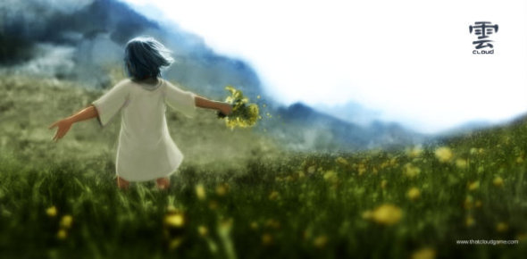 A jung boy walking over a meadow with yellow flowers and the blue sky in the background